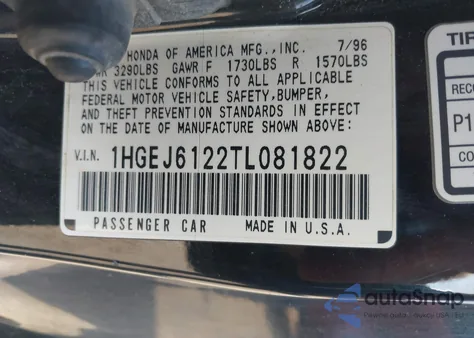 1996 Honda Civic Dx из США, поврежденный, VIN 1HGEJ6122TL081822